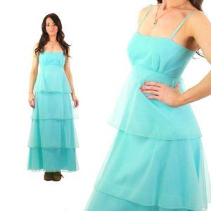 Vintage boho prairie tiered ruffle blue cocktail maxi dress gown